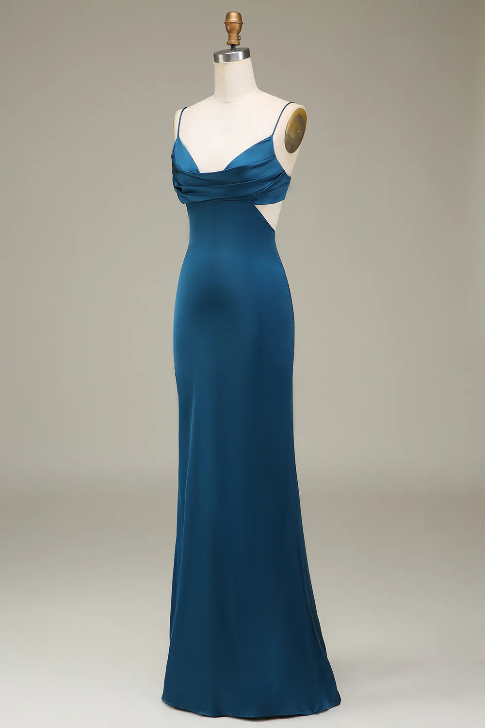 Peacock Spaghetti Straps Long Satin Bridesmaid Dress