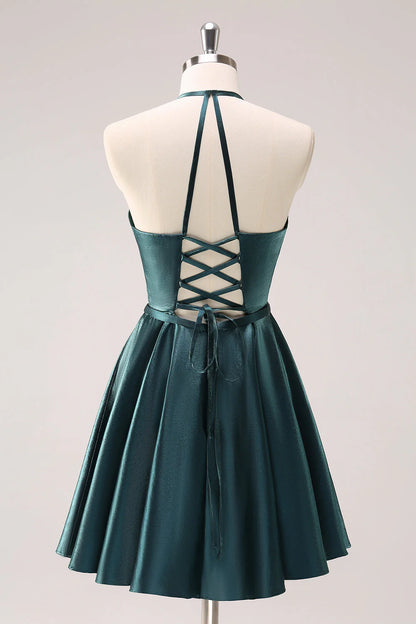 Peacock Blue A-Line Halter Short Metallic Homecoming Dress