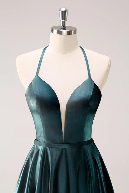 Peacock Blue A-Line Halter Short Metallic Homecoming Dress