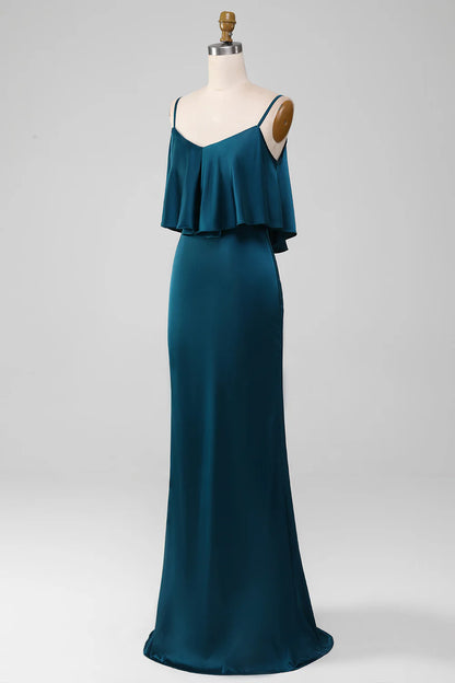 Sheath Spaghetti Straps Long Satin Bridesmaid Dress With Ruffles