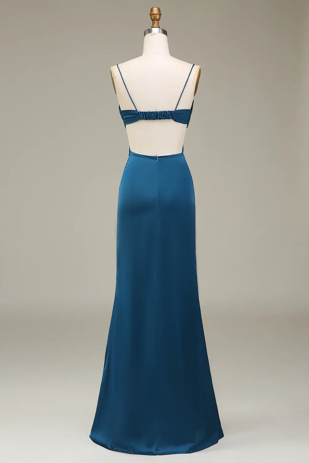 Peacock Spaghetti Straps Long Satin Bridesmaid Dress