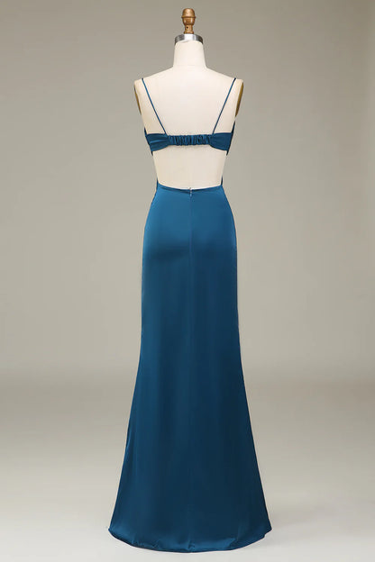 Peacock Spaghetti Straps Long Satin Bridesmaid Dress