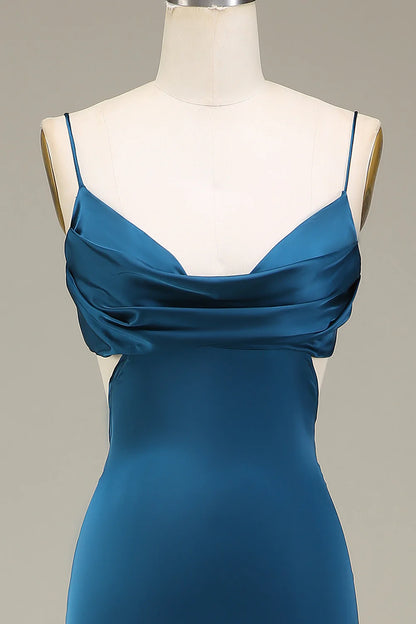 Peacock Spaghetti Straps Long Satin Bridesmaid Dress
