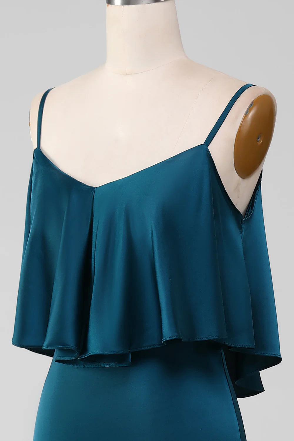 Sheath Spaghetti Straps Long Satin Bridesmaid Dress With Ruffles