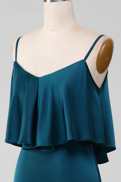 Sheath Spaghetti Straps Long Satin Bridesmaid Dress With Ruffles