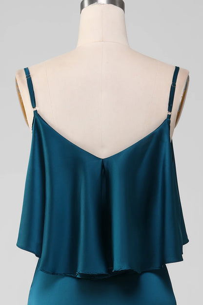 Sheath Spaghetti Straps Long Satin Bridesmaid Dress With Ruffles