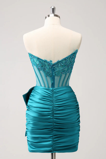 Tight Strapless Corset Pleated Short Beaded Homecoming Dress with Bow