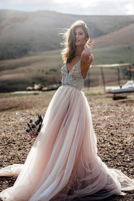 Pink pearl V-neck sexy sheer long sleeveless beach wedding dress ball dress