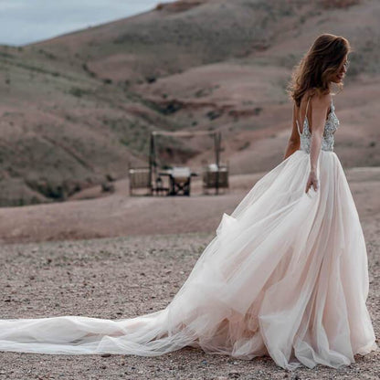 Pink pearl V-neck sexy sheer long sleeveless beach wedding dress ball dress