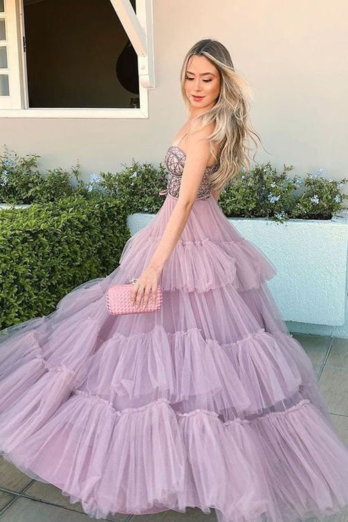 Pink layered ball long A-line beaded layered strapless sheer evening dress