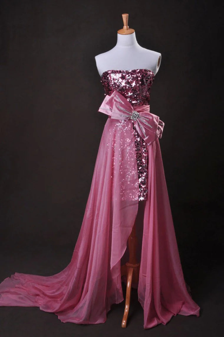 High end pink sexy strapless asymmetrical chiffon lace dress