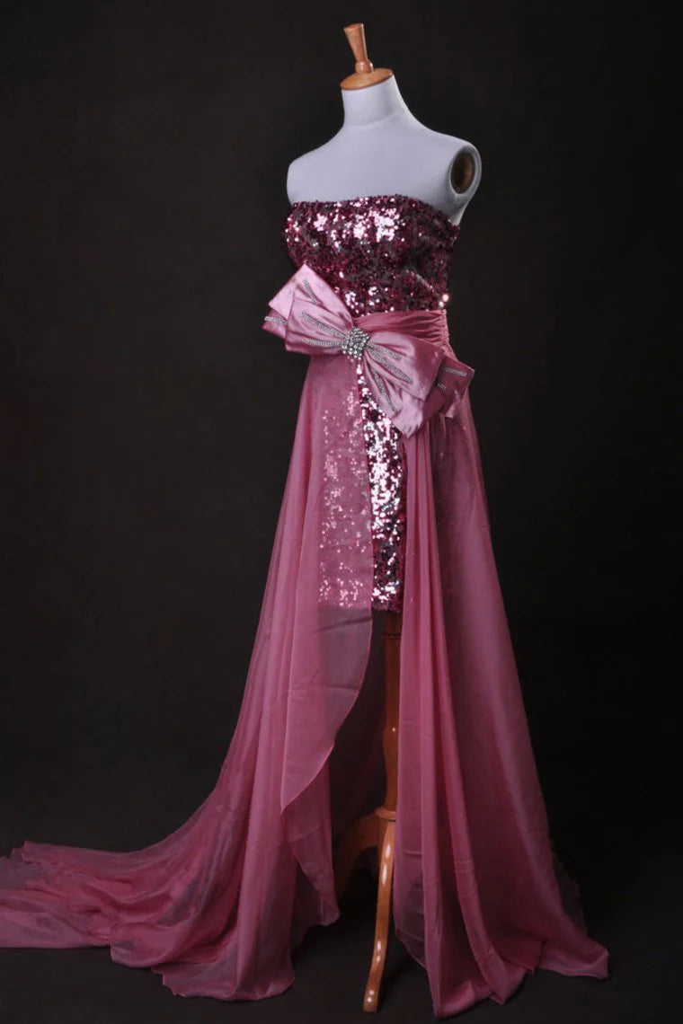 High end pink sexy strapless asymmetrical chiffon lace dress