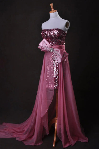 High end pink sexy strapless asymmetrical chiffon lace dress