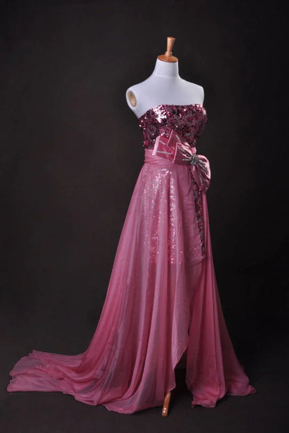 High end pink sexy strapless asymmetrical chiffon lace dress