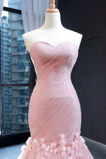 Pink sheer sexy strapless mermaid long dress sweet ball dress