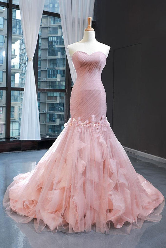 Pink sheer sexy strapless mermaid long dress sweet ball dress