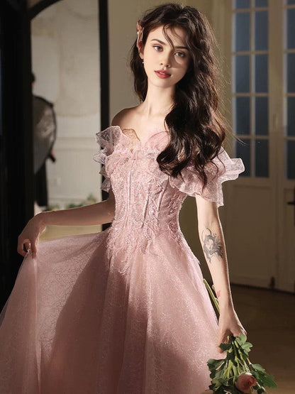 A-Line Off Shoulder Tulle Sequin Pink Long Prom Dress Pink Long Prom Dress