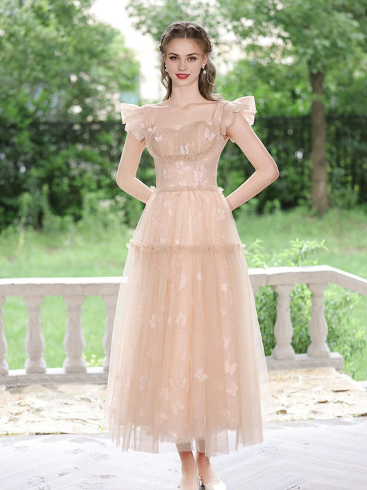 A-Line Tulle Lace Tea Length Pink Prom Dress Pink Long Prom Dress