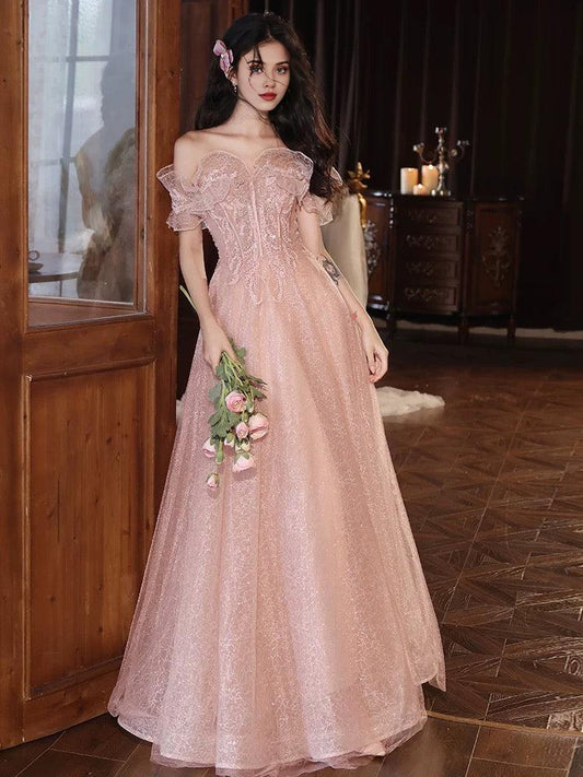 A-Line Off Shoulder Tulle Sequin Pink Long Prom Dress Pink Long Prom Dress
