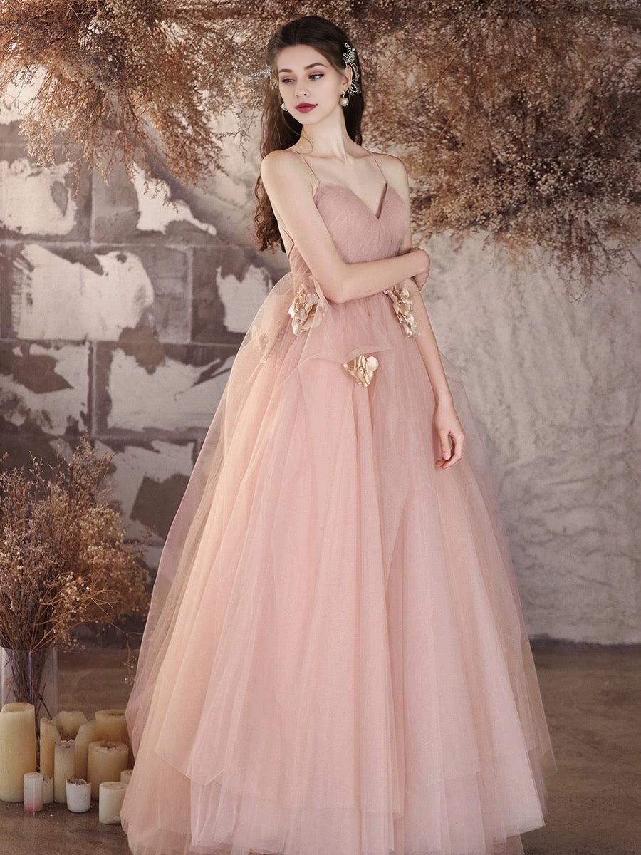 A-Line V Neck Tulle Flower Pink Long Prom Dress Pink Long Prom Dress