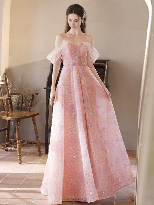 A-Line Tulle Lace Off Shoulder Pink Long Prom Dress Pink Lace Long Prom Dress