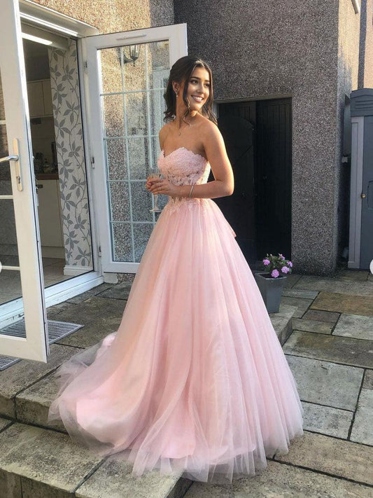 A-Line Sweetheart Neck Tulle Lace Long Prom Dress Pink Formal Prom Dress