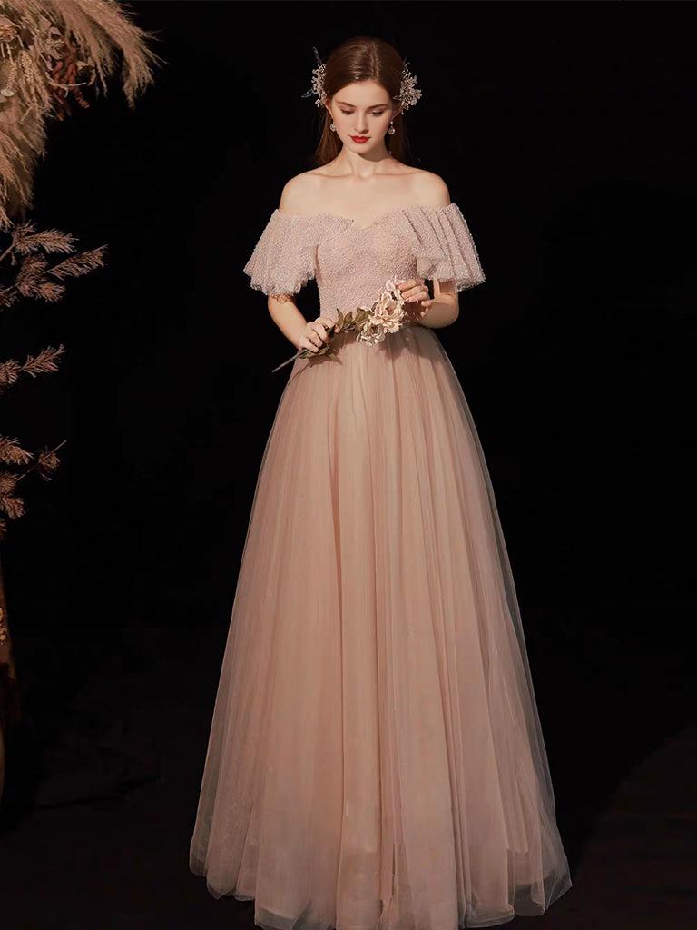 A-Line Sweetheart Neck Tulle Pink Long Prom Dress Pink Tulle Long Prom Dress