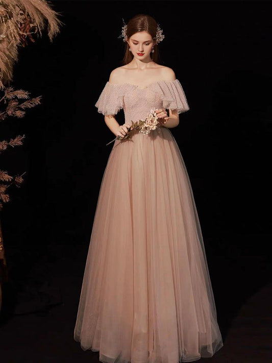 A-Line Sweetheart Neck Tulle Pink Long Prom Dress Pink Tulle Long Prom Dress