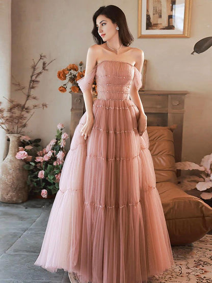 A-Line Pink Off Shoulder Long Prom Dress Pink Long Formal Dress