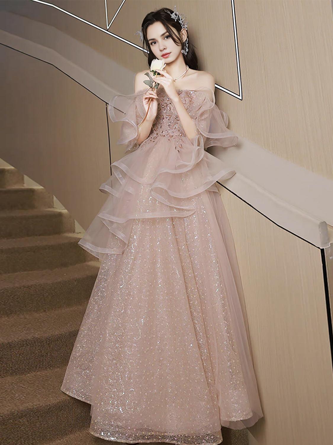 A-Line Tulle Sequin Pink Long Prom Dress Shiny Sequin Pink Long Prom Dress