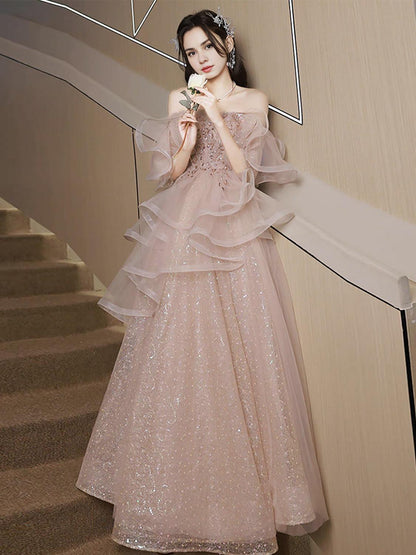 A-Line Tulle Sequin Pink Long Prom Dress Shiny Sequin Pink Long Prom Dress