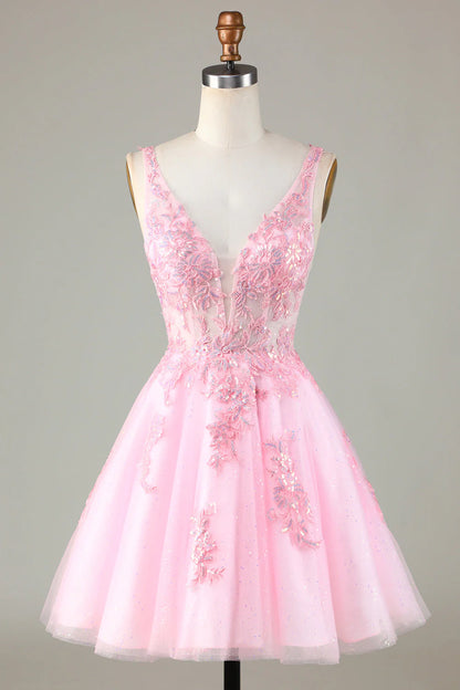 Pink Glitter Sequin Short Backless Homecoming Dress