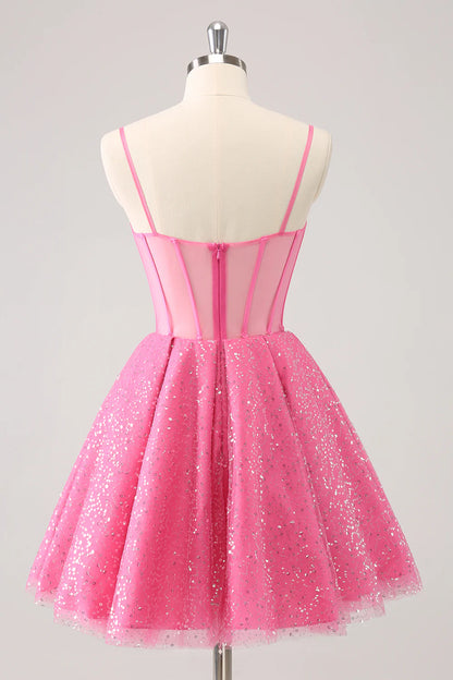 Pink Spaghetti Straps A Line Corset Short Homecoming Dress