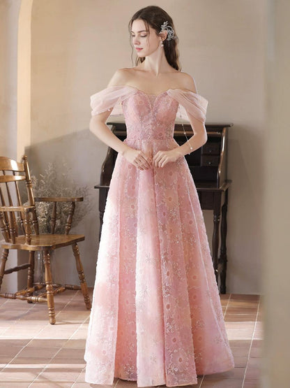 A-Line Tulle Lace Off Shoulder Pink Long Prom Dress Pink Lace Long Prom Dress