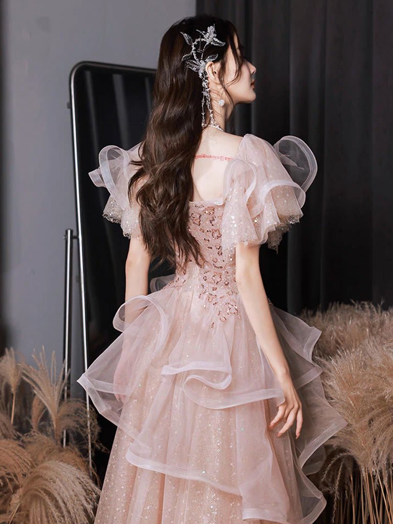 A-Line Tulle Sequin Pink Long Prom Dress Shiny Sequin Pink Long Prom Dress