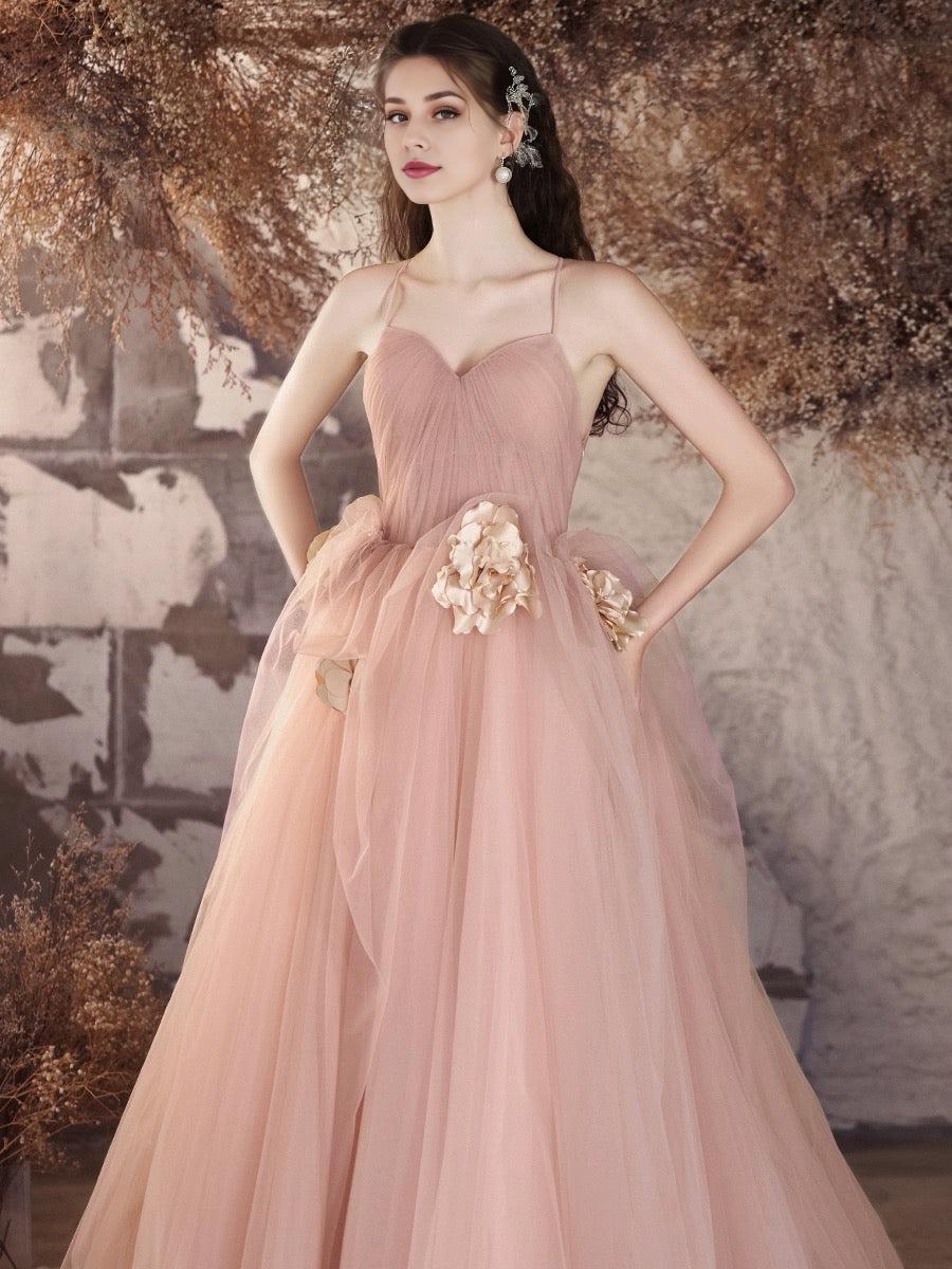 A-Line V Neck Tulle Flower Pink Long Prom Dress Pink Long Prom Dress