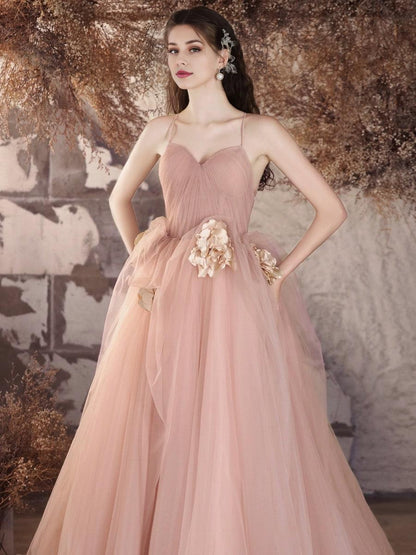 A-Line V Neck Tulle Flower Pink Long Prom Dress Pink Long Prom Dress