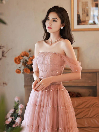 A-Line Pink Off Shoulder Long Prom Dress Pink Long Formal Dress