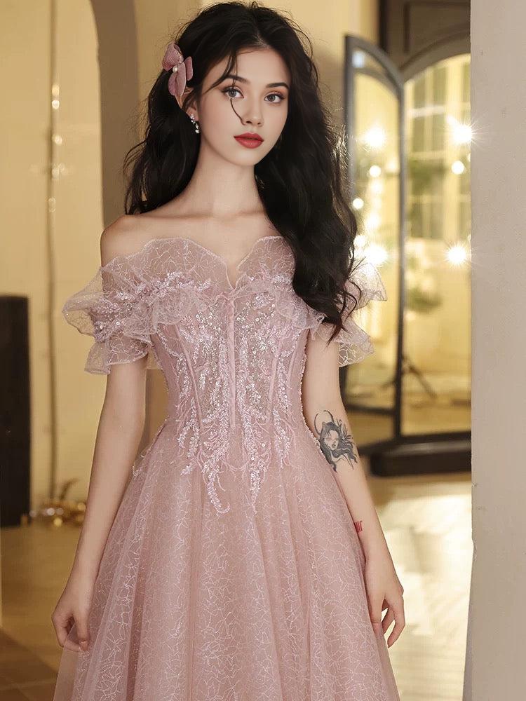 A-Line Off Shoulder Tulle Sequin Pink Long Prom Dress Pink Long Prom Dress