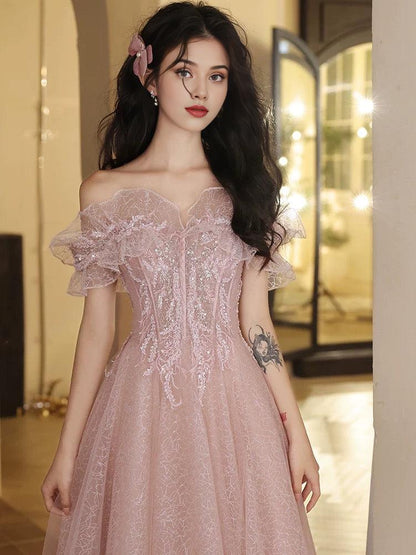 A-Line Off Shoulder Tulle Sequin Pink Long Prom Dress Pink Long Prom Dress