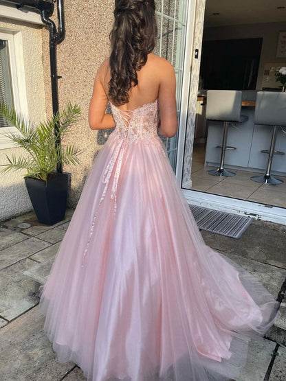 A-Line Sweetheart Neck Tulle Lace Long Prom Dress Pink Formal Prom Dress