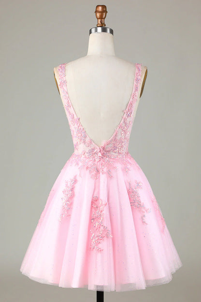 Pink Glitter Sequin Short Backless Homecoming Dress