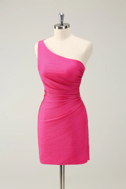 Hot Pink One Shoulder Pleated Short Tight Homecoming Dress