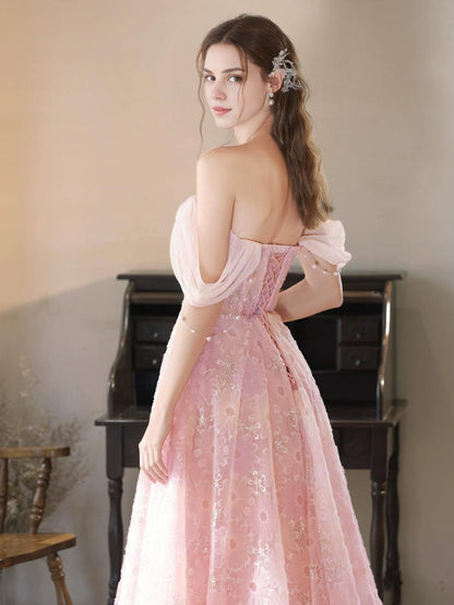 A-Line Tulle Lace Off Shoulder Pink Long Prom Dress Pink Lace Long Prom Dress
