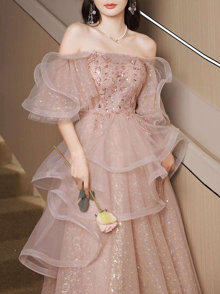 A-Line Tulle Sequin Pink Long Prom Dress Shiny Sequin Pink Long Prom Dress