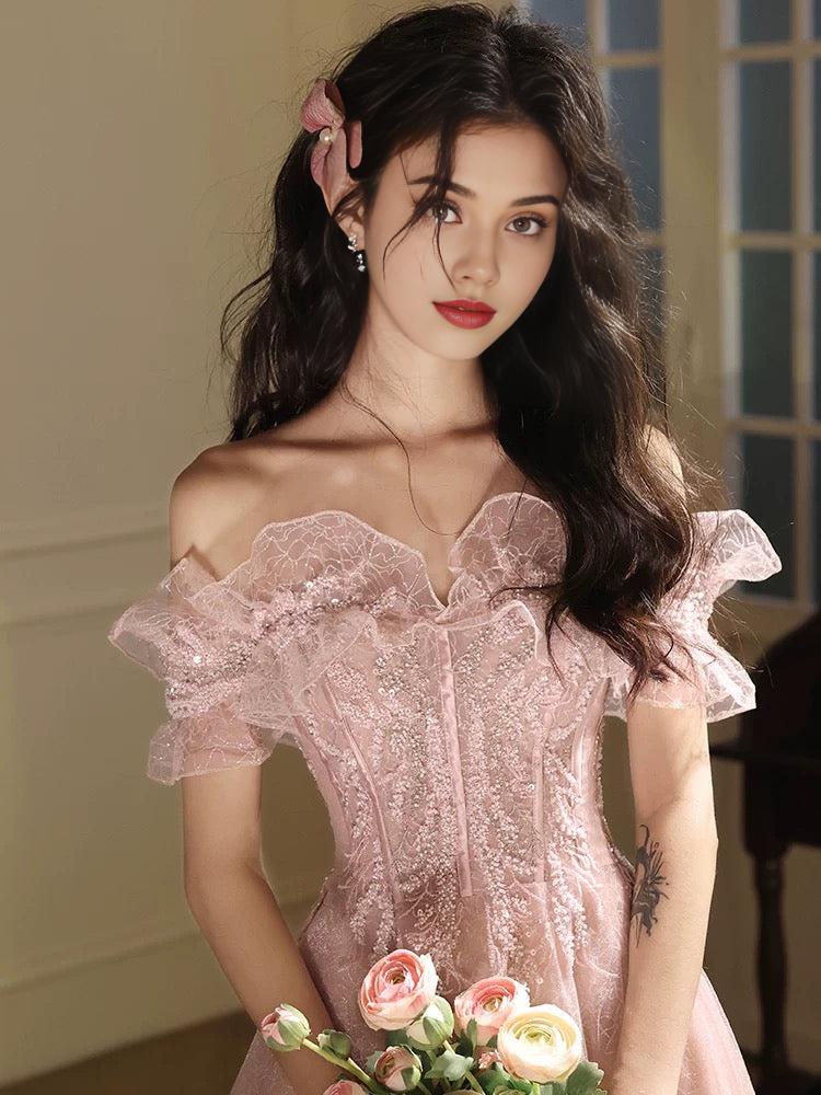 A-Line Off Shoulder Tulle Sequin Pink Long Prom Dress Pink Long Prom Dress