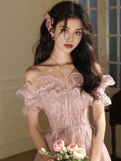 A-Line Off Shoulder Tulle Sequin Pink Long Prom Dress Pink Long Prom Dress