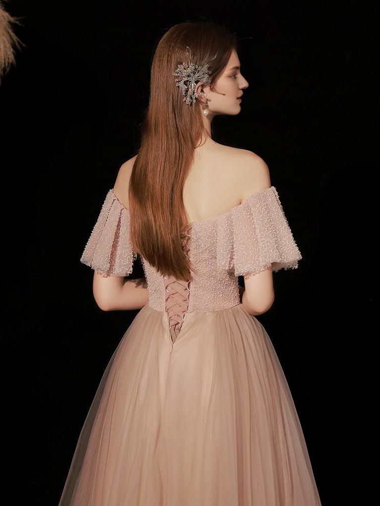 A-Line Sweetheart Neck Tulle Pink Long Prom Dress Pink Tulle Long Prom Dress