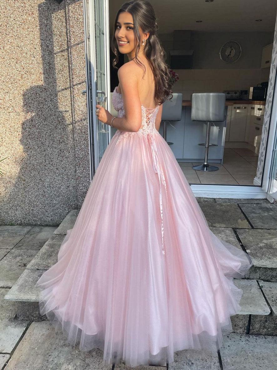 A-Line Sweetheart Neck Tulle Lace Long Prom Dress Pink Formal Prom Dress