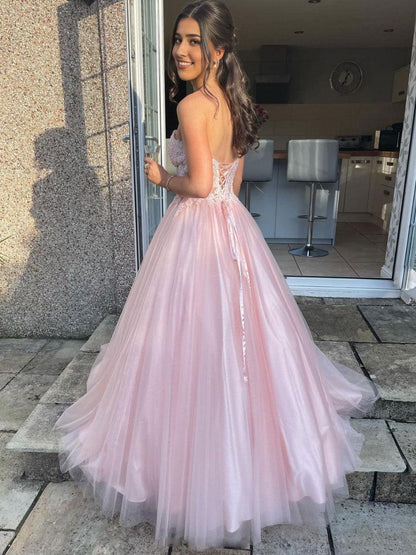 A-Line Sweetheart Neck Tulle Lace Long Prom Dress Pink Formal Prom Dress